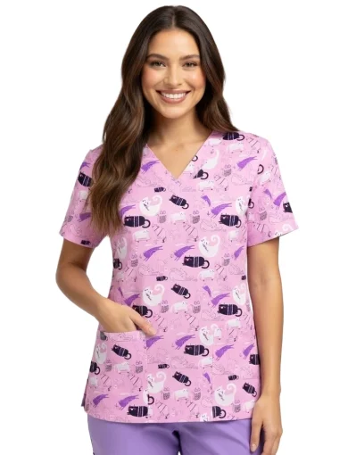 Printed V-Neck Nurse Scrub Shirt